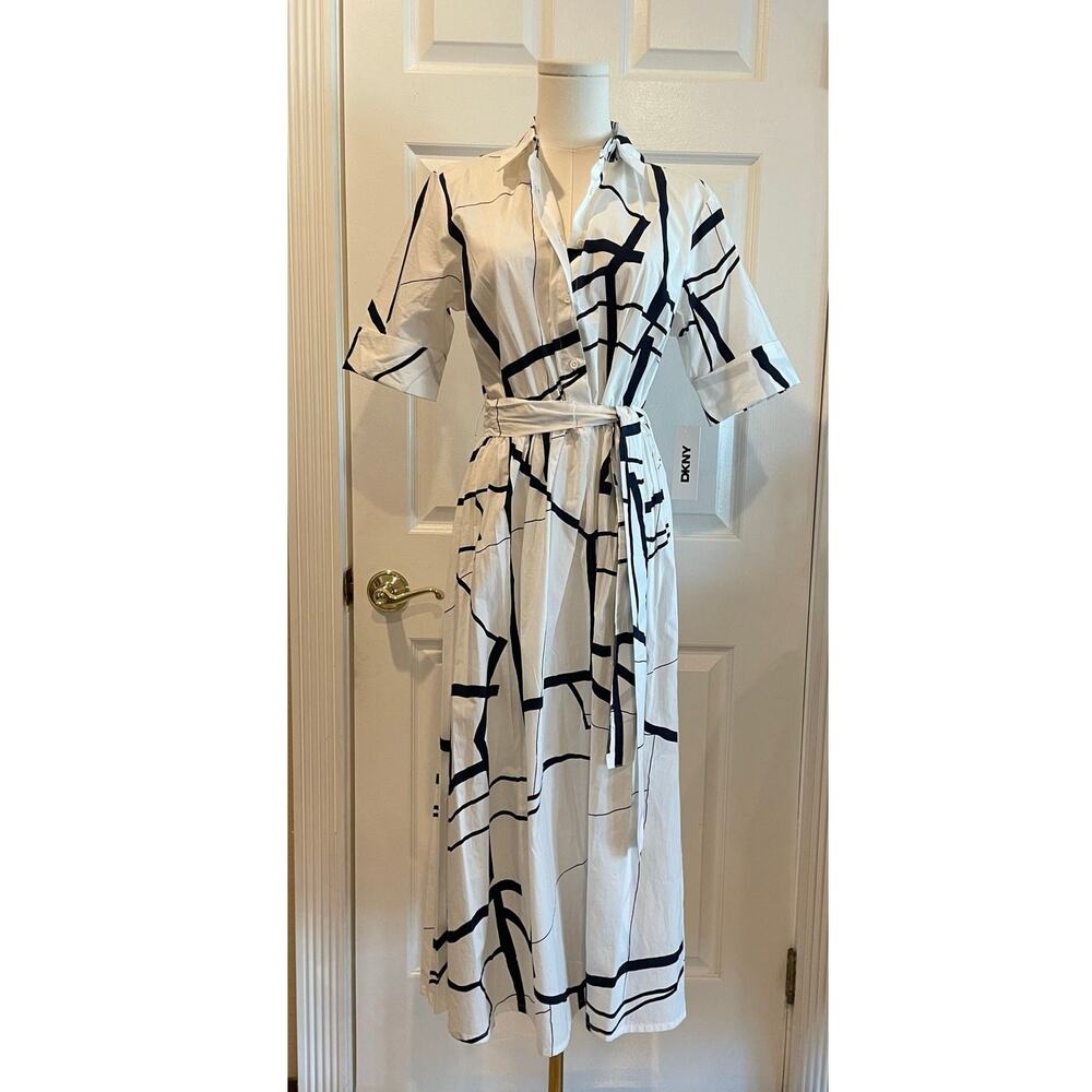 DKNY Abstract Printed Cotton Midi Shirt Dress Size 6 Preppy Quiet Luxury
